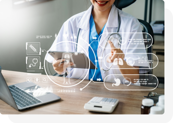 Profissional de saúde analisando indicadores em um painel digital